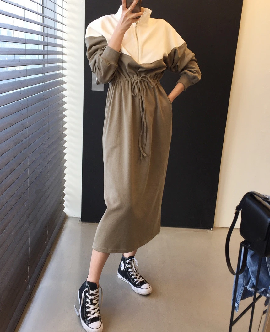 

Spring Autumn Women Long Slevess Lace Up Casual Dress Female