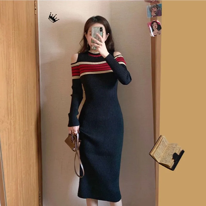 

Autumn 2021Vintage Winter Knitting Dresses Women Sexy Strapless O-neck Long Sleeve Robe Femme Side Split Button Fashion dress