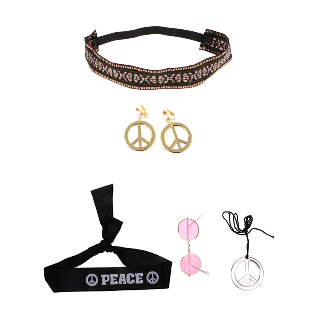 

5 шт. Костюм хиппи аксессуары включены знак мира ожерелья серьги солнцезащитные очки Funy костюм партии Canival реквизит