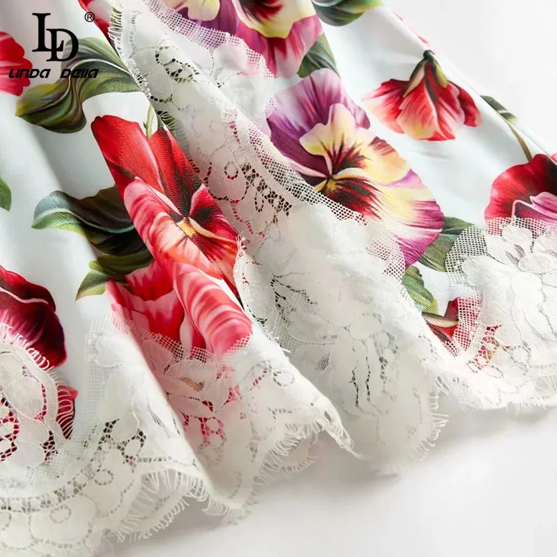 

LD LINDA DELLA Summer Fashion Runway Plus Size Dress Women Spaghetti Strap Lace Patchwork Floral Print Ladies Midi Dress vestido