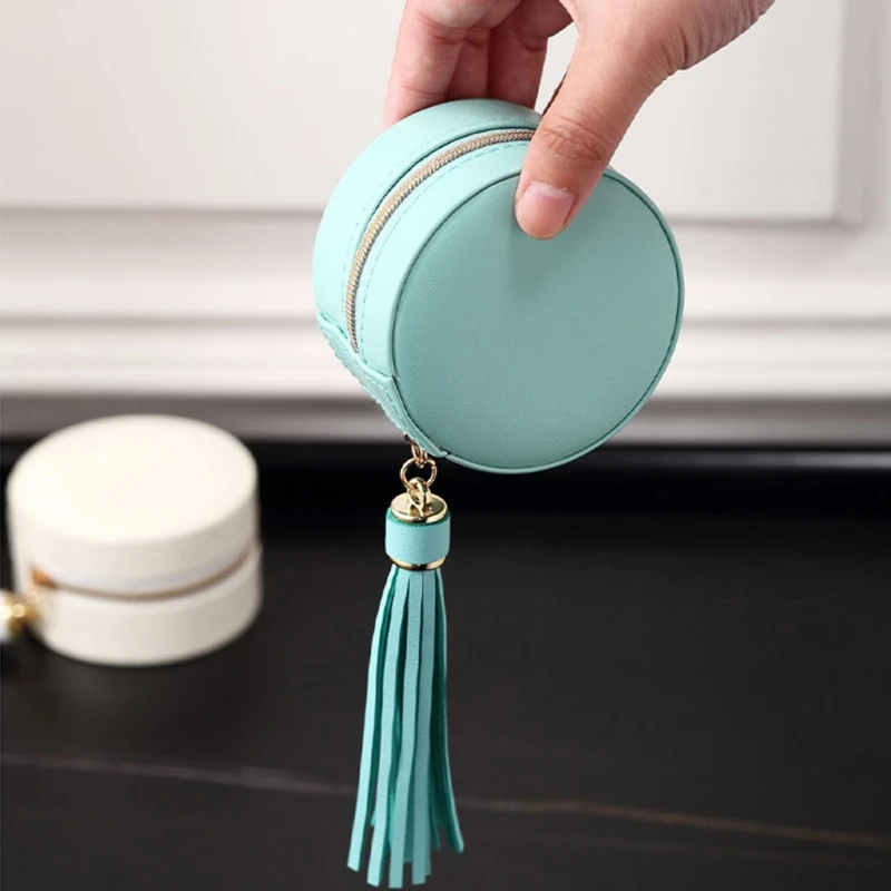 

Portable Jewelry Box Storage Organizer PU Leather Round Jewellery Zipper Case