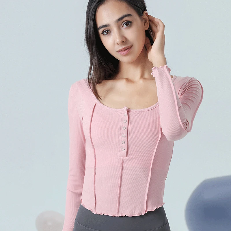 

Sexy Button Design Yoga Shirts Women Long Sleeve Quick-Drying Fitness Shirts Blouse Outdoor Gym Running T-shirt Sports Crop Top