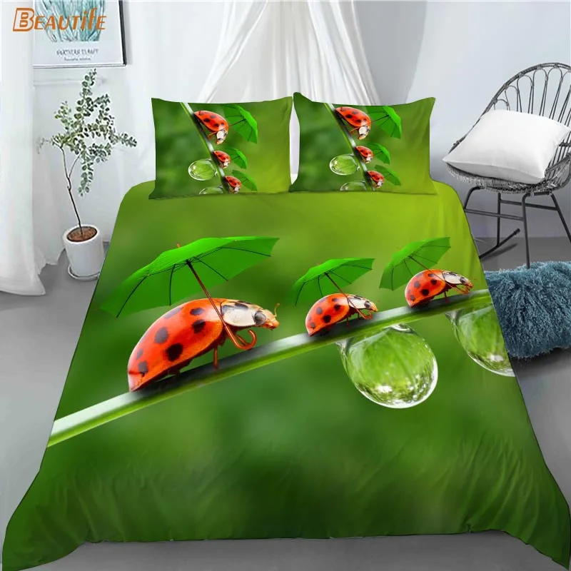 Funda n&oacute;rdica con estampado de mariquita y animales para ni&ntilde;os, juego de cama de tela de poli&eacute;ster con 2 fundas de almohada, 1009, gran oferta-3