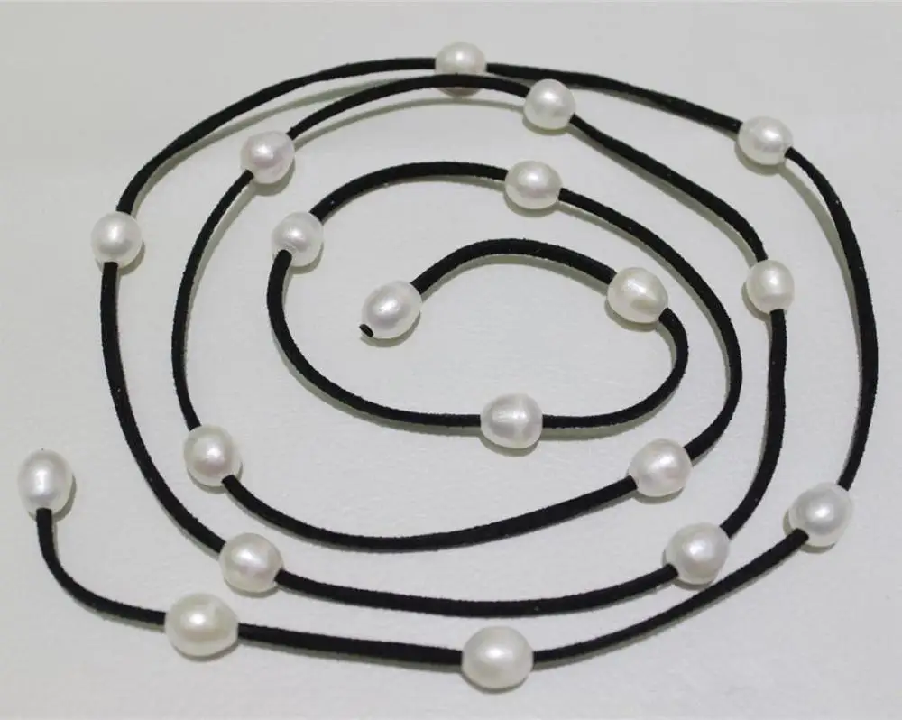 

19" 48'' 12-10MM Black Leather long necklace white Freshwater pearl (0926)