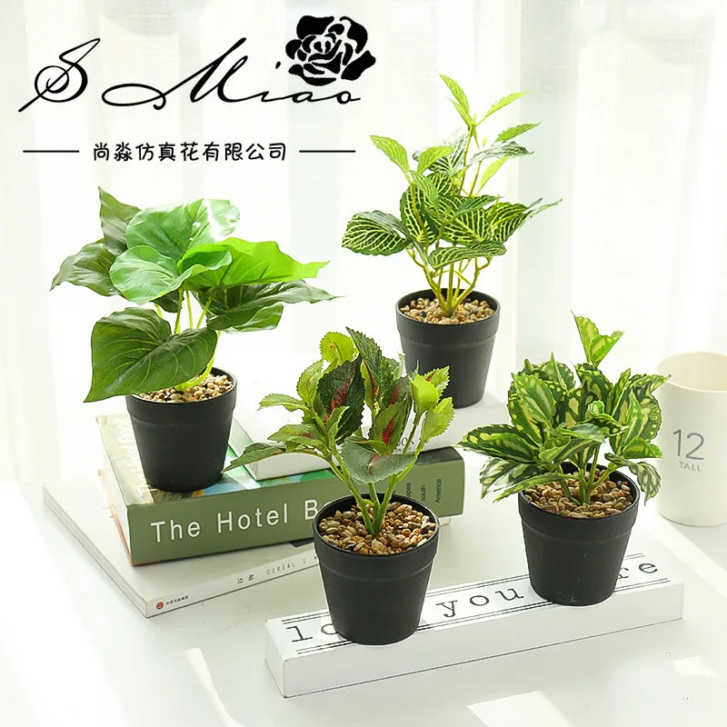 

Small Artificial Simulation Green Plants Bonsai Leaves Plastic Basin Home Office Desktop Decor