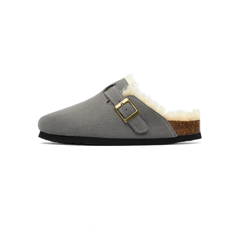 

Winter Women Ins Nubuck Belt Buckle Mules Round Toe Cotton Cork Shoes Woman Thick Soled Lambswool Slides Fur Cork Slippers Home