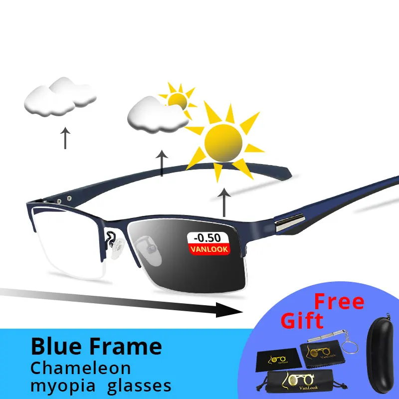 Blue-0.50 Фотохромные очки Хамелеон Линзы Близорукость Blue Light Blocking Мужские компьютерные очки Игра на прицел-0,50-0,75-175-5,5-6 - Цвет оправы: Blue-0.50