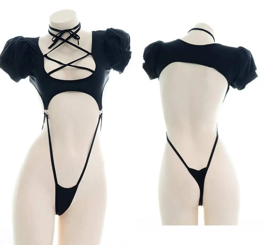 

Пикантная Женская Слитная Пижама с пышными рукавами, купальник Sukumizu на шнуровке, черная Лолита с вырезами, комплект нижнего белья с коротки...