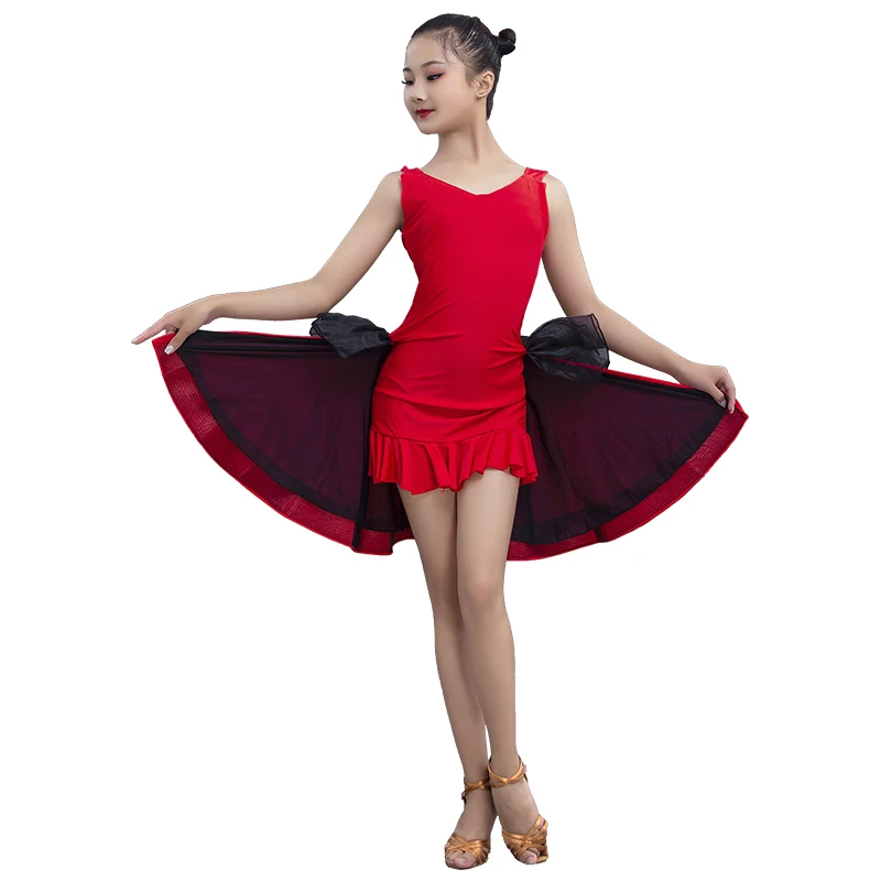 

Latin Dance Dresses For Girls One-Piece Fishtail Skirt Party Prom Show Outfit Kids Practice Clothes Competition Red Dress 3488