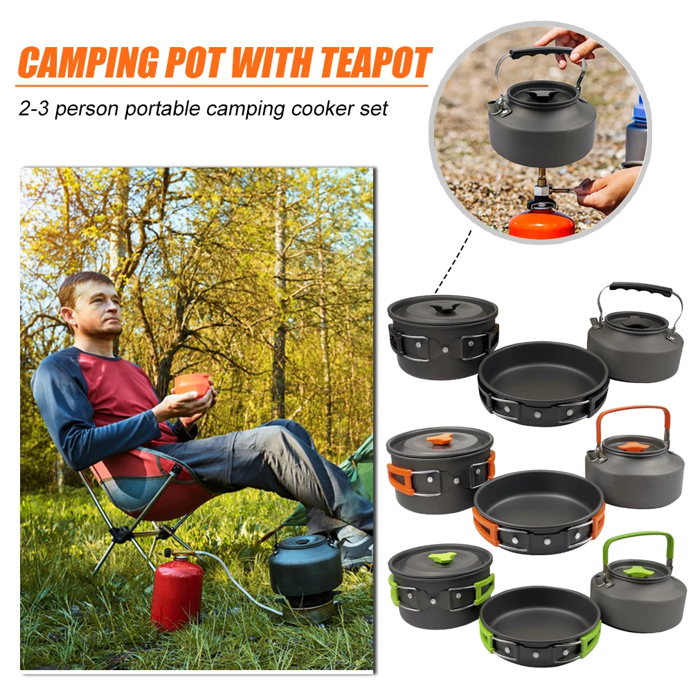 

3pcs Outdoor Camping Hiking Utensils Pan Tableware Set Picnic Teapot Pot Frying Camping Portable Outdoor Elements