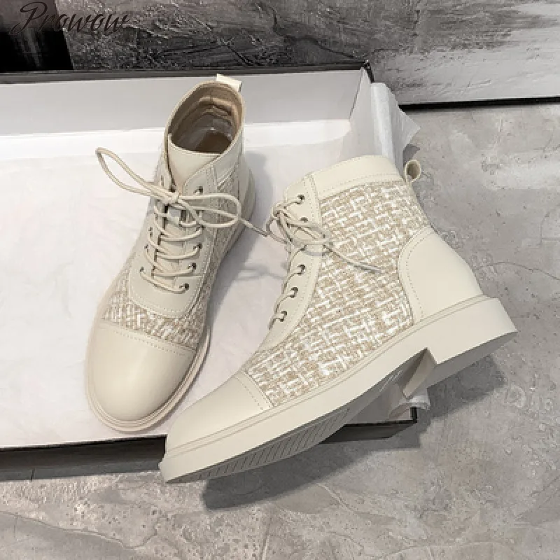 

Prowow Fashion Round Toes Patchwork Women Shoes Lace Up Zipper Ankle Lattice Lether Chunky Heels Boots