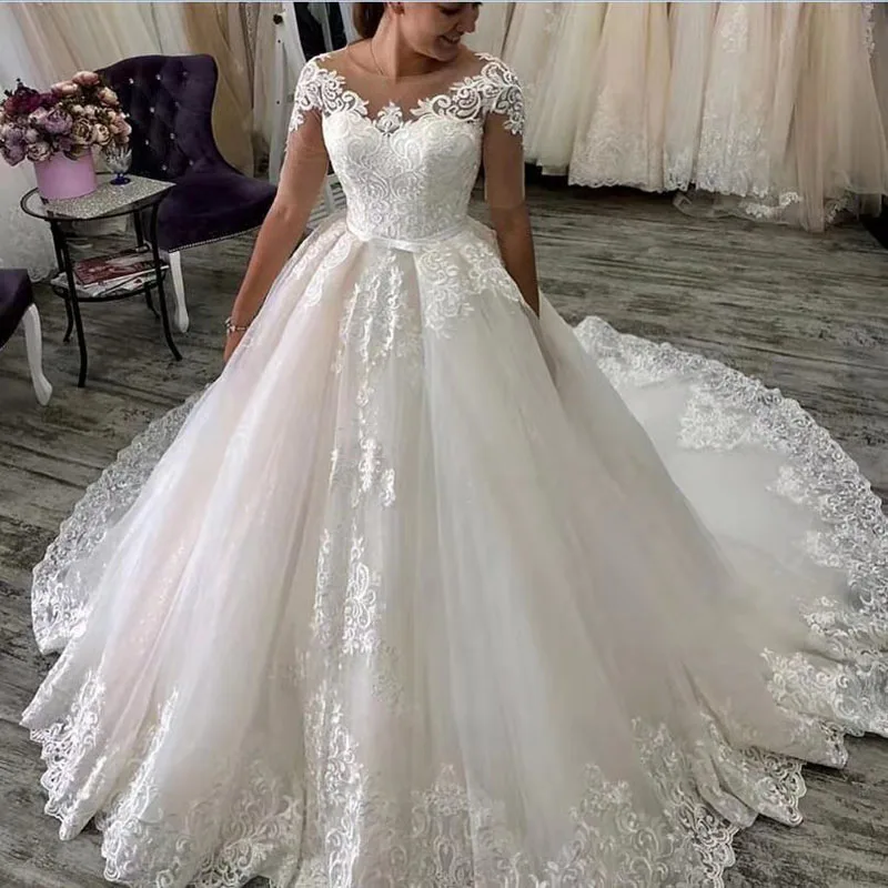 

New Luxury Lace Round Neck Wedding Dresses Skin Tone Tulle Short Sleeved Lace Up Tailing Bridal Gown Size Custom