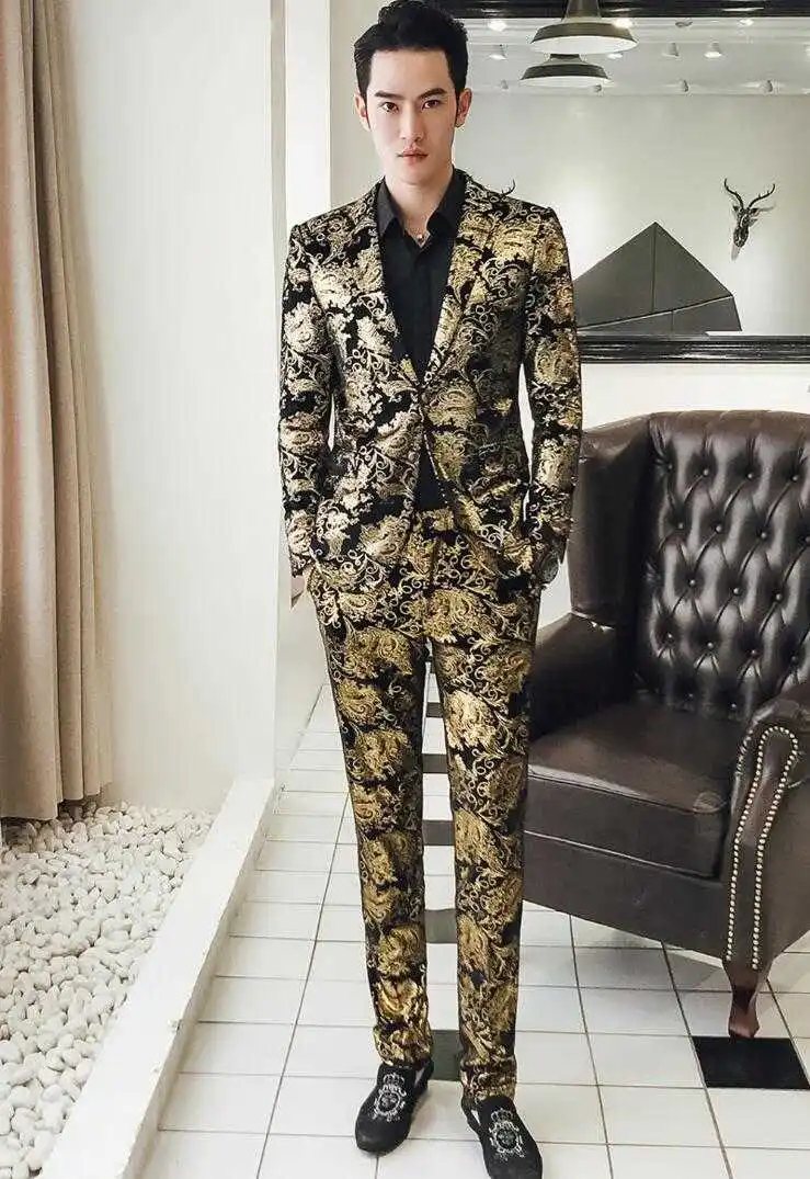 

HOT Tij strijkvrij Plus size pleuche Jassen Lente Herfst Nieuwe Koreaanse mannen Casual Bloem Pak Chinese Stijl slim Fit Kleine