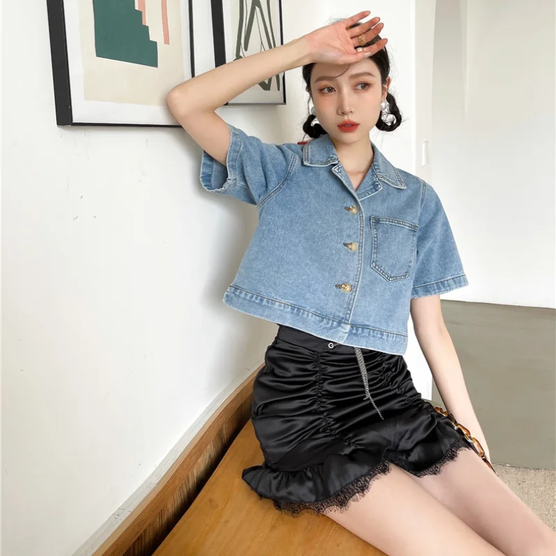 

Kimotimo Denim Short Sleeve Shirt Coats Women 2021 Summer New Minority Short Tops Korean Chic Fashion Turn-down Collar Blouse