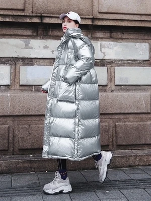 Harajuku винтажная Яркая Лента X-long размера плюс пуховое хлопковое Стеганое пальто Женская Повседневная Свободная верхняя одежда с капюшоном зимняя куртка PP054 - Цвет: sliver