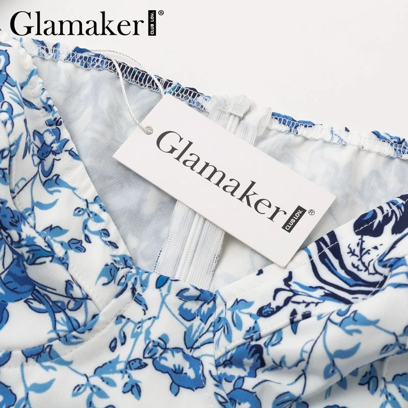 Glamaker/Короткие вечерние платья с цветочным принтом, женское элегантное платье с квадратным вырезом и пышными рукавами, Осеннее облегающее Клубное женское мини-платье