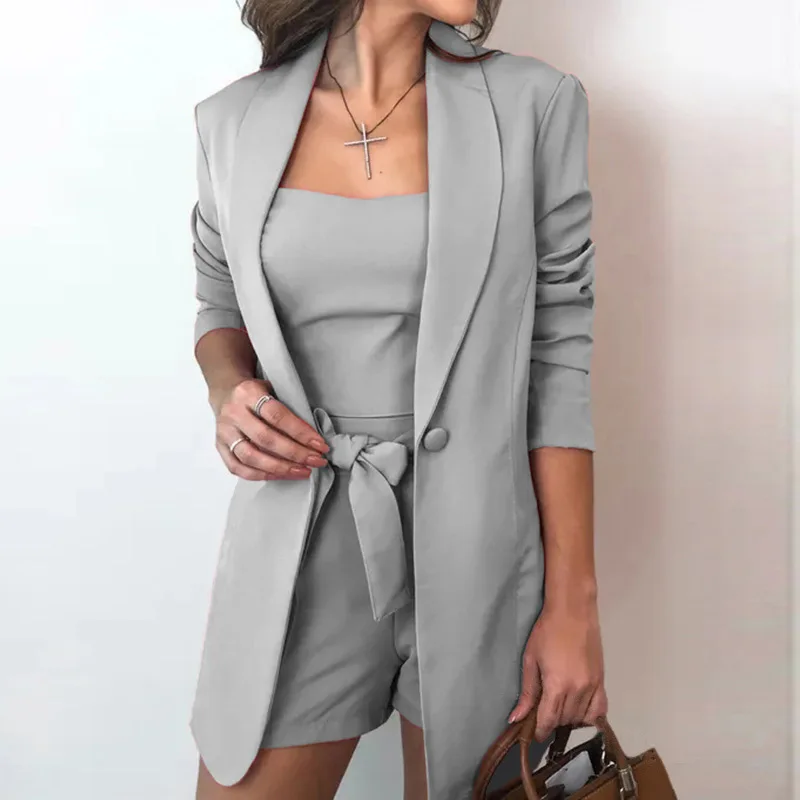 3 Piece Set Women Summer Suit Long Sleeve Blazer Crop Top Shorts Office Three Pieces Sets Streetwear Casual Short Pants Suits