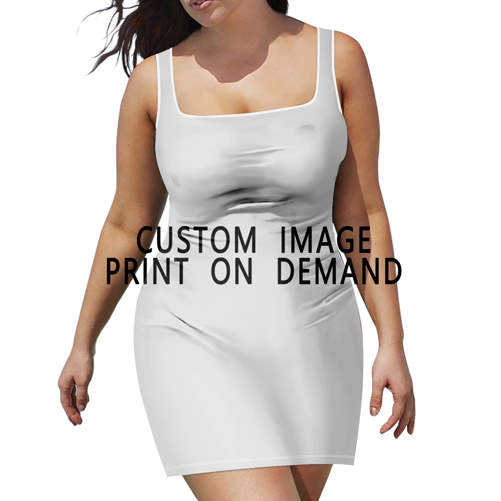 

Summer Women's Custom Image Sexy Sleeveless Square Collar Slim Dress Women's Evening Party Mini Tight Skirt Print On Demand