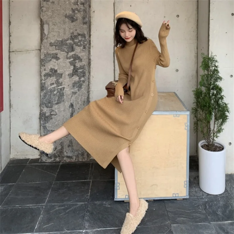 

Zaraing 2020 Autumn Winter Long Sleeve Half High Collar Sweater Dress Y2k Warm Buttons Split Long Dresses Thicken Knitting Dress