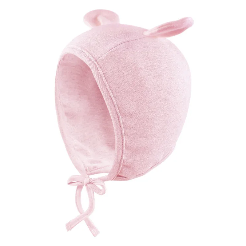 Pink Ear Милая Хлопковая шапочка для маленьких девочек на шнуровке; шапочка для новорожденных; мягкая розовая и белая шапка принцессы с ушками для девочек; весенняя одежда для маленьких девочек - Цвет: Pink Ear