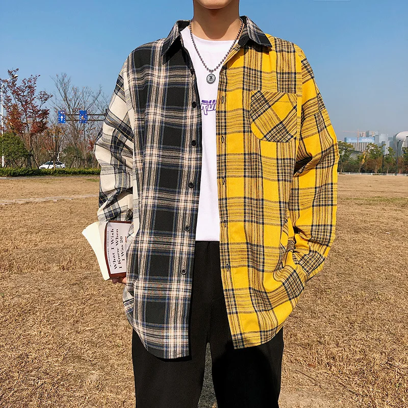 

New Men Oversized Cotton Plaid Shirt 2021 Man Hip Hop Patchwork Button Up Long Sleeve Shirt Couple Korean Harajuku Clothing