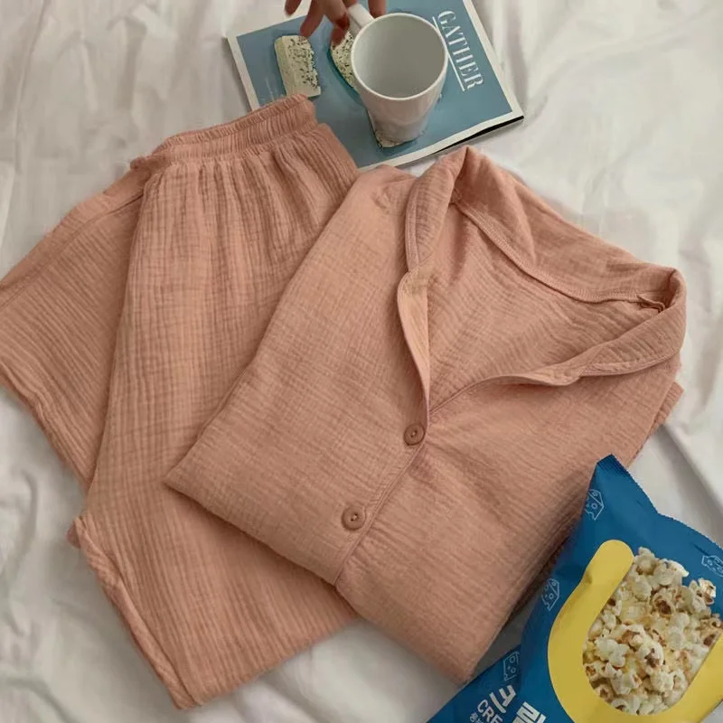 Spring Autumn Women's Sleep Lounge Pajamas Set 100% Gauze Cotton Sleepwear Long Sleeve Trousers Pyjamas Suits