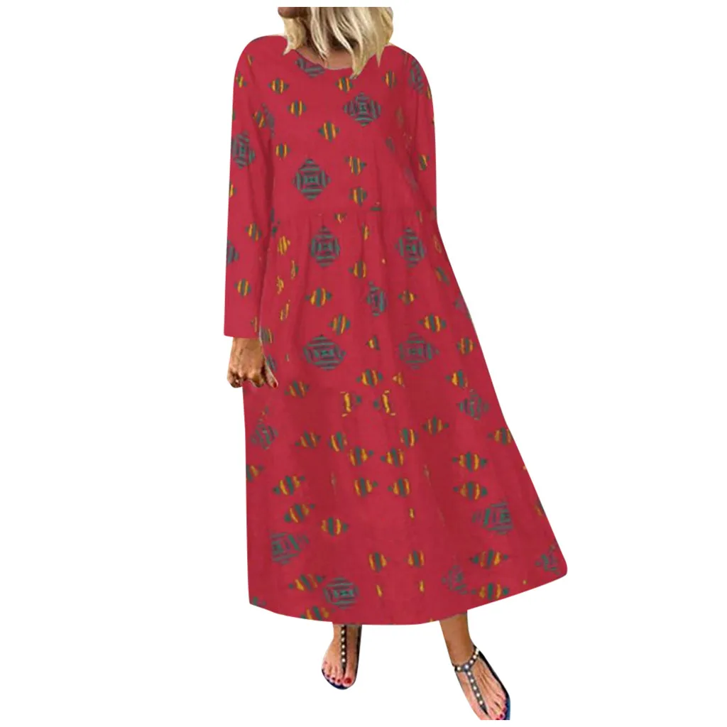 Женское свободное платье Gofuly хлопковое и льняное красное с принтом элегантное