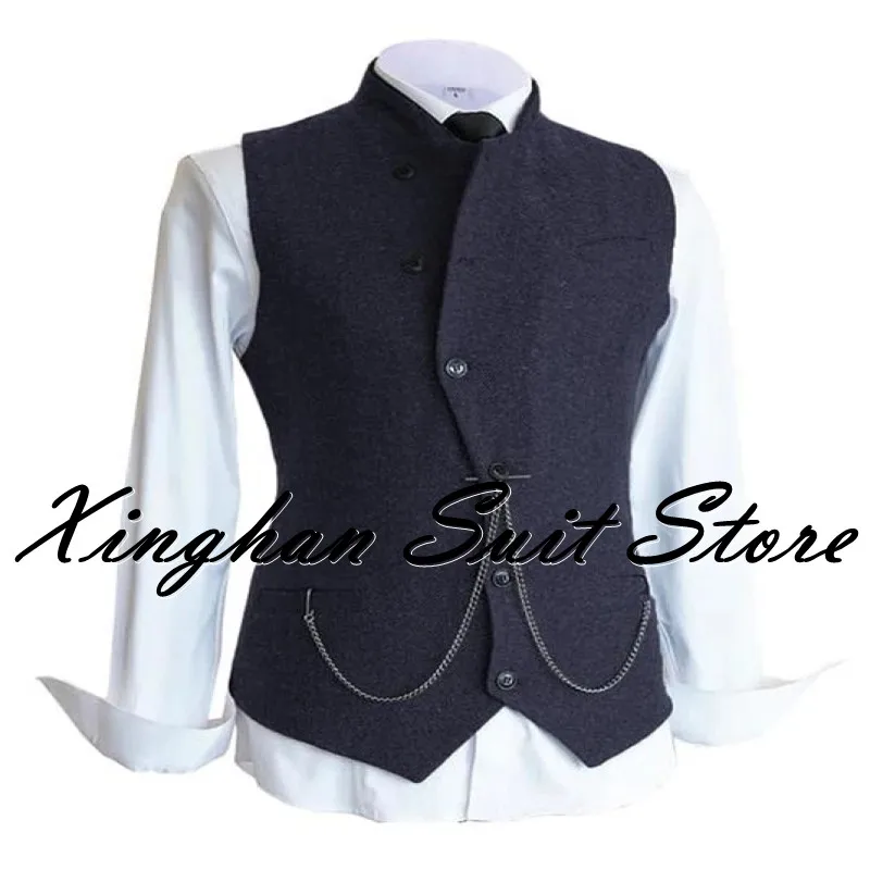 

Men's Vest Wool Tweed Blended Herringbone Stand Collar Tuxedos Waistcoat Business Casual Slim Fit Groomsmen Clothing For Wedding
