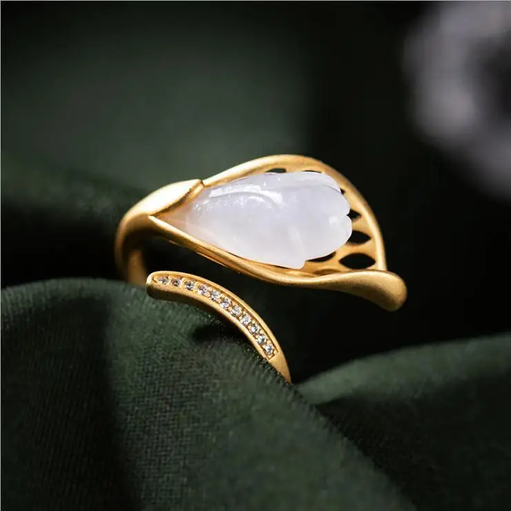 

Sterling Silver Inlaid Hetian Jade Orchid Ring Women's Open National Fashion Gold Natural Magnolia Ring