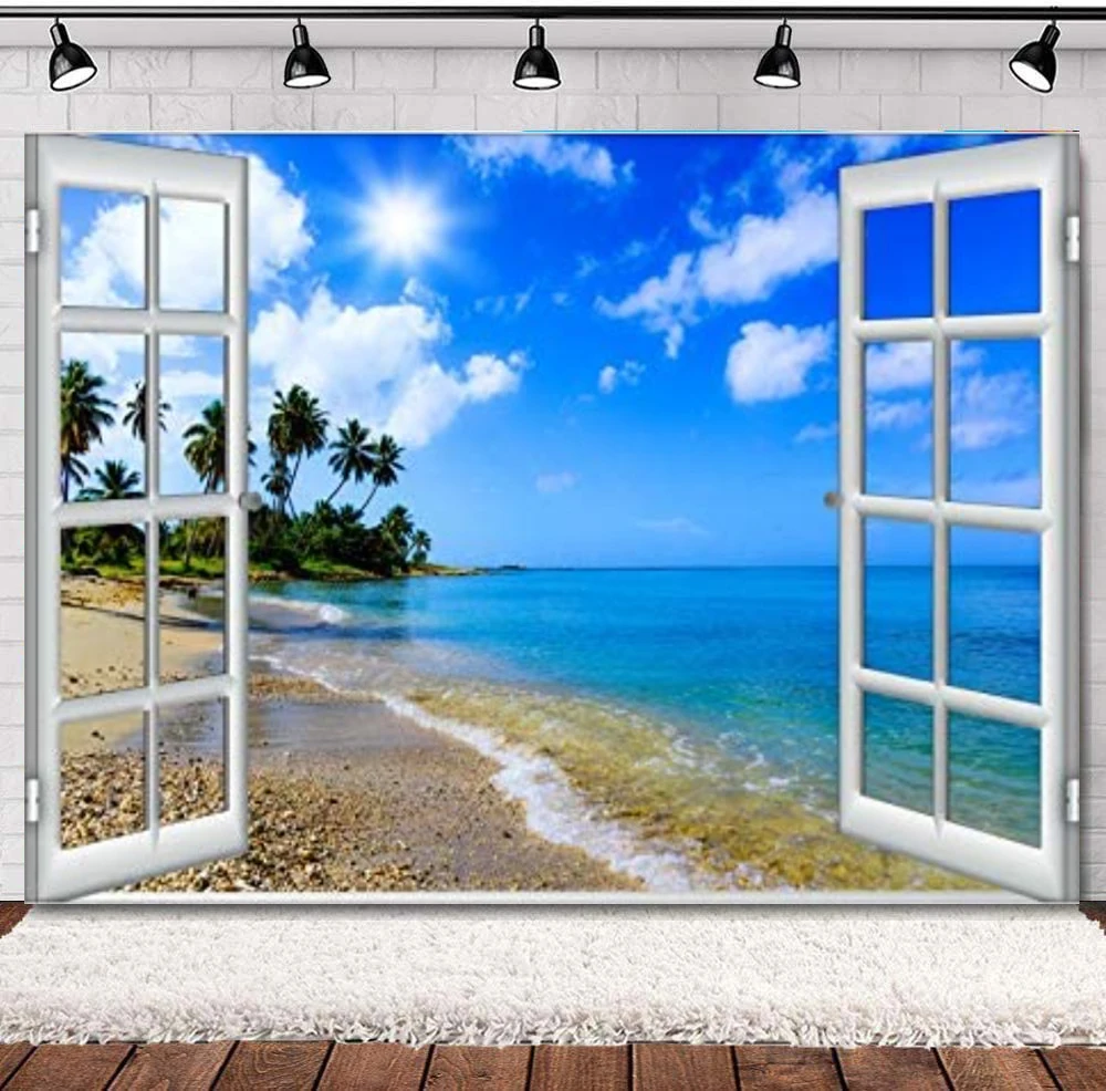 

Tropical Island Photography Backdrop Window View Coconut Trees Sea Waves Beach Background Wedding Shooting Birthday Party