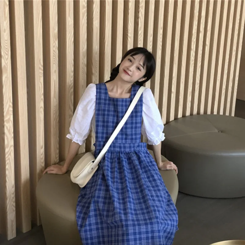 

2021 spring new college style fashion students all-match temperament casual plaid strap dress