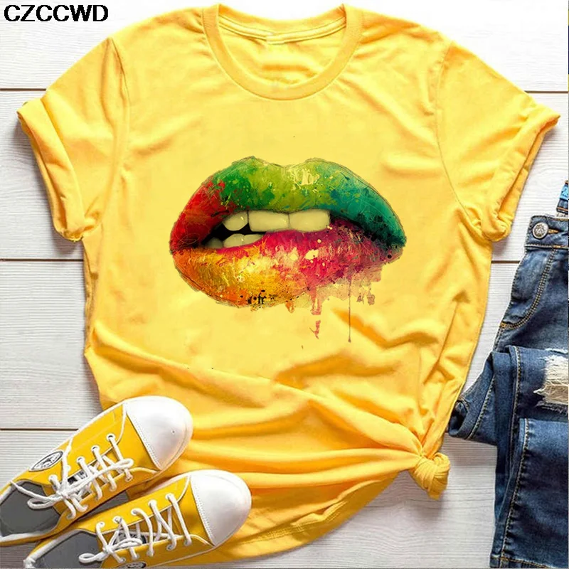 Футболка женская с принтом губ и леопарда базовый топ круглым вырезом помадой