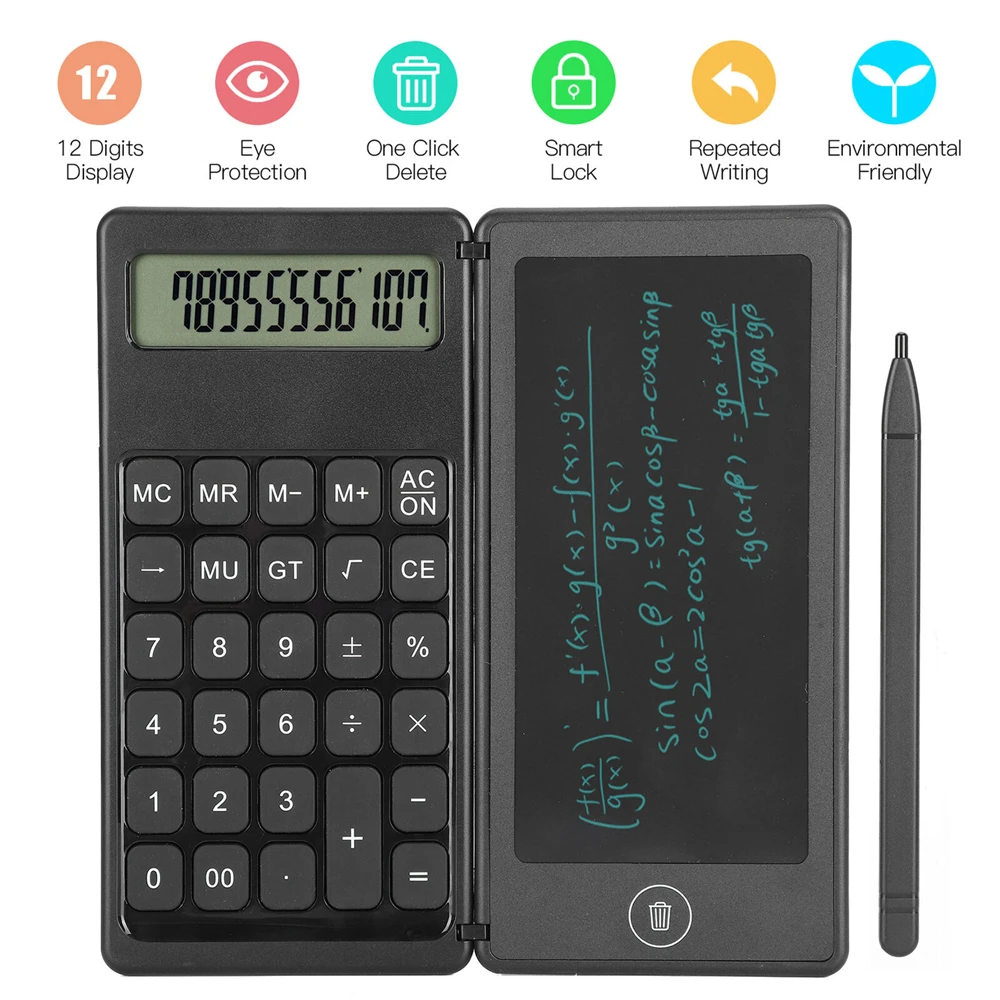 

Foldable Calculator LCD Writing Tablet Digital Drawing Pad 12 Digits Display with Stylus Pen