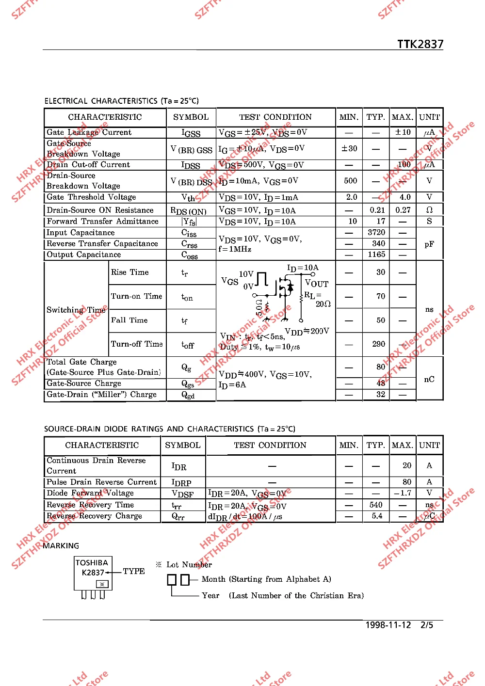 TTK2837 TO-3P K2837 TO3P 2SK2837 500V 20A силиконовый N канал MOS Тип измельчитель регулятор 25 шт./трубка(10 шт