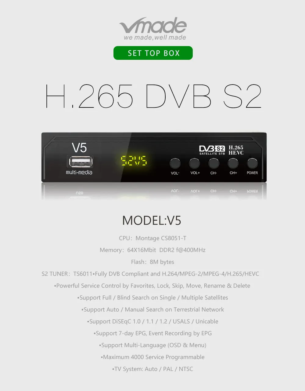 DVB-S2 V5 спутниковый ресивер цифровой ТВ-приставка тюнер Поддержка HD H.265 AC3 DVB S2