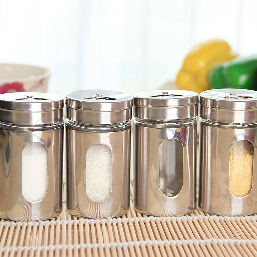 

3/5pcs Stainless Steel Lid Condiment Pot Rotational Regulation Seasoning Glass Bottle Kitchen Supplies And Materials Saltcellar