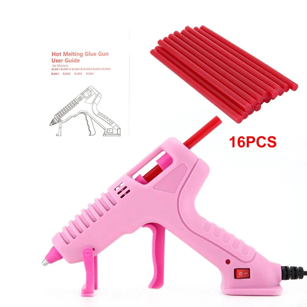 16pcs Red RJ801 30 Вт термоплавкий клеевой пистолет с клеевым стержнем для DIY ручной работы, инструменты для ремонта игрушек, электрические термоклеевые пистолеты розового цвета, американский тип - Color: 16pcs Red