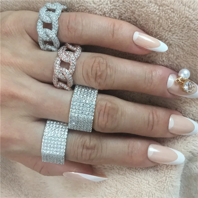 Handmade Hiphop Iced Out ring Silver color Pave AAAAA Cz Chain Party wedding band rings for women Men 12mm Jewelry Gift | Украшения и