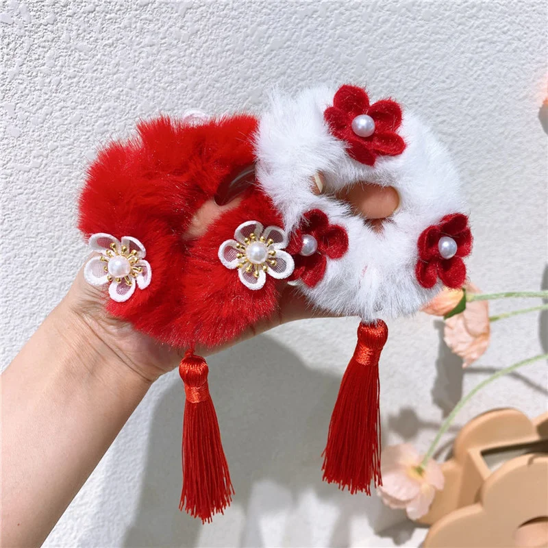 

Fashion Sweet Girl Princess Flower Hair Rope Chinese Style Children's New Year Festive Red Tassel Plush Rubber Band Headdress