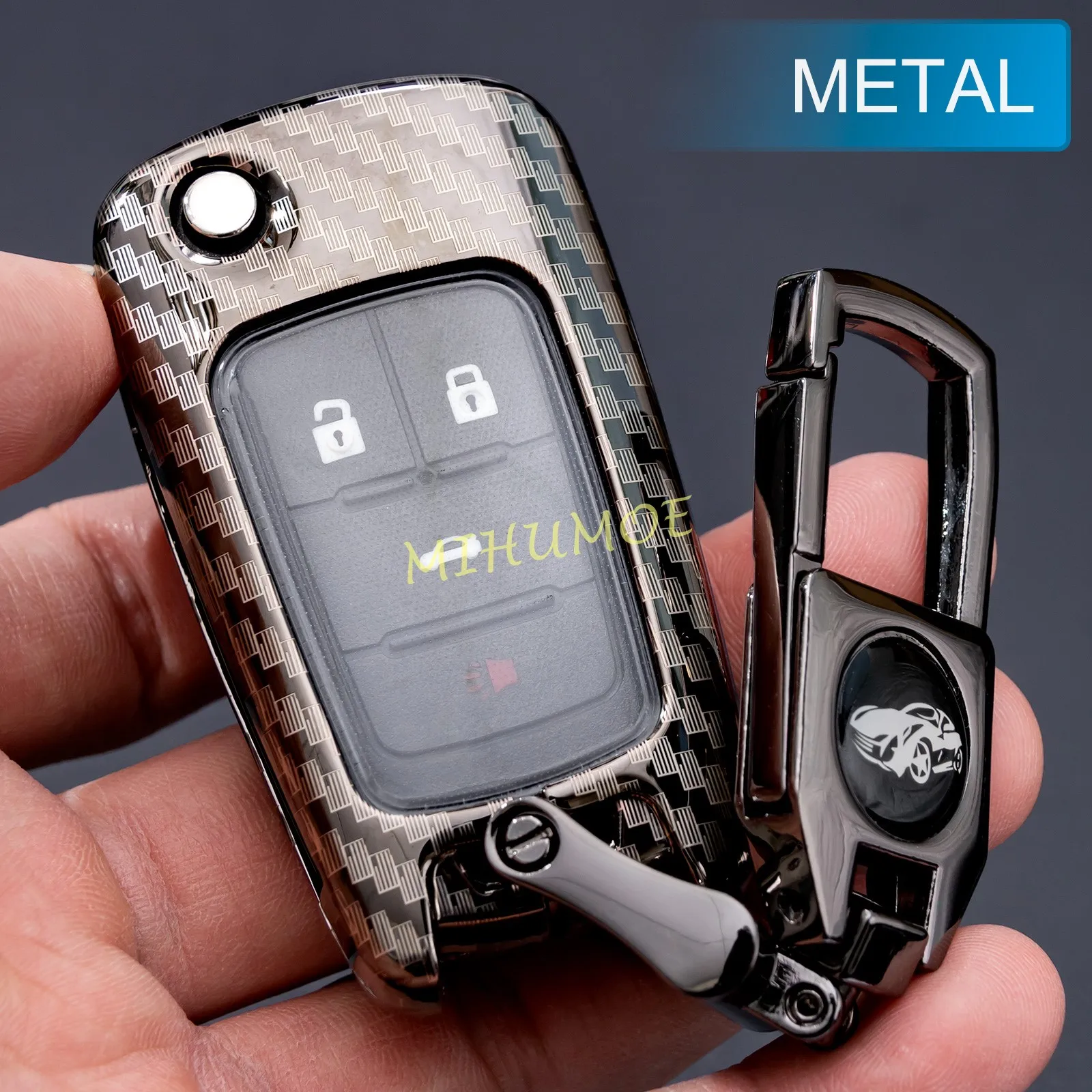 

Carbon Fiber Metal Key Fob Cover Case Ring Keychain For Chevy Malibu Cruze Camaro Impala Equinox Trax Volt Buick LaCrosse Encore