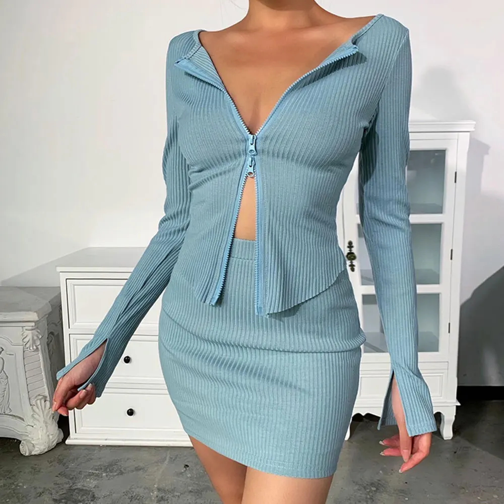 

Women Spring Autumn Knitted Suit Sexy Fashion 2 Piece Short Set Slim Top And Mini Skirt Casual Boho Zipper Long Sleeve Vacation