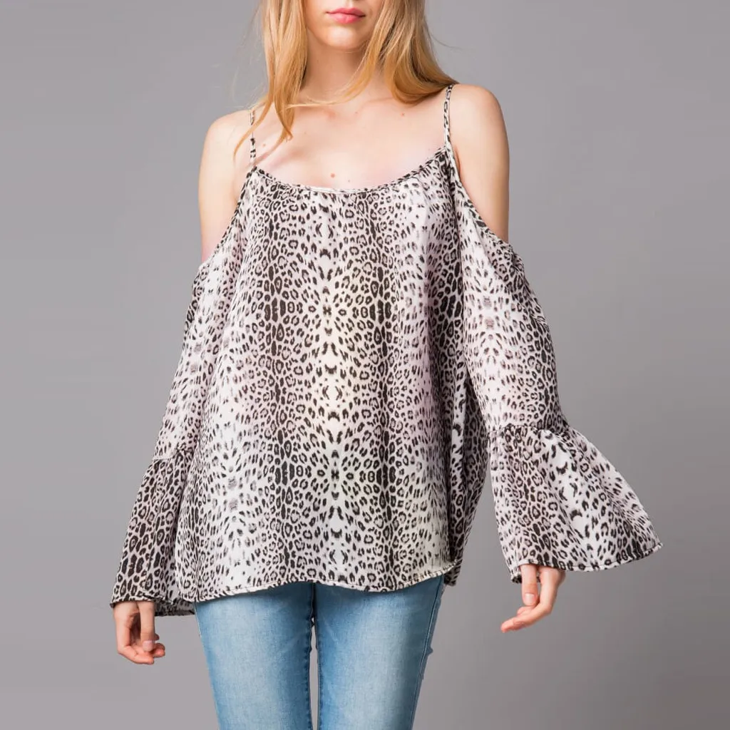 Осень 2020 Новое поступление сексуальная леопардовая рубашка с открытыми плечами