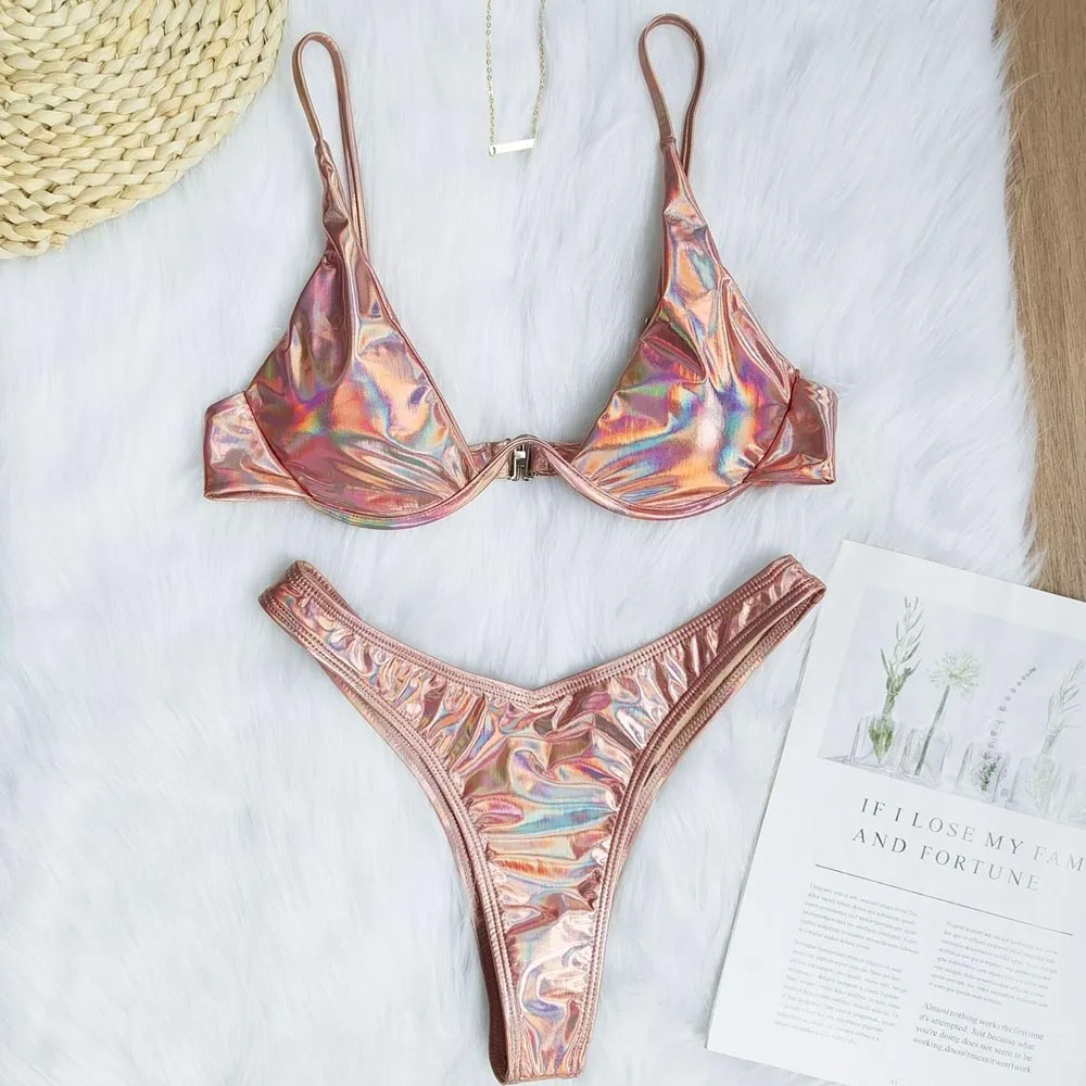 

Blue Micro Bikini set 2021 Push up Swimsuit Female Shiny Bikinis Underwire Swimwear Women Two piece set bathing suit