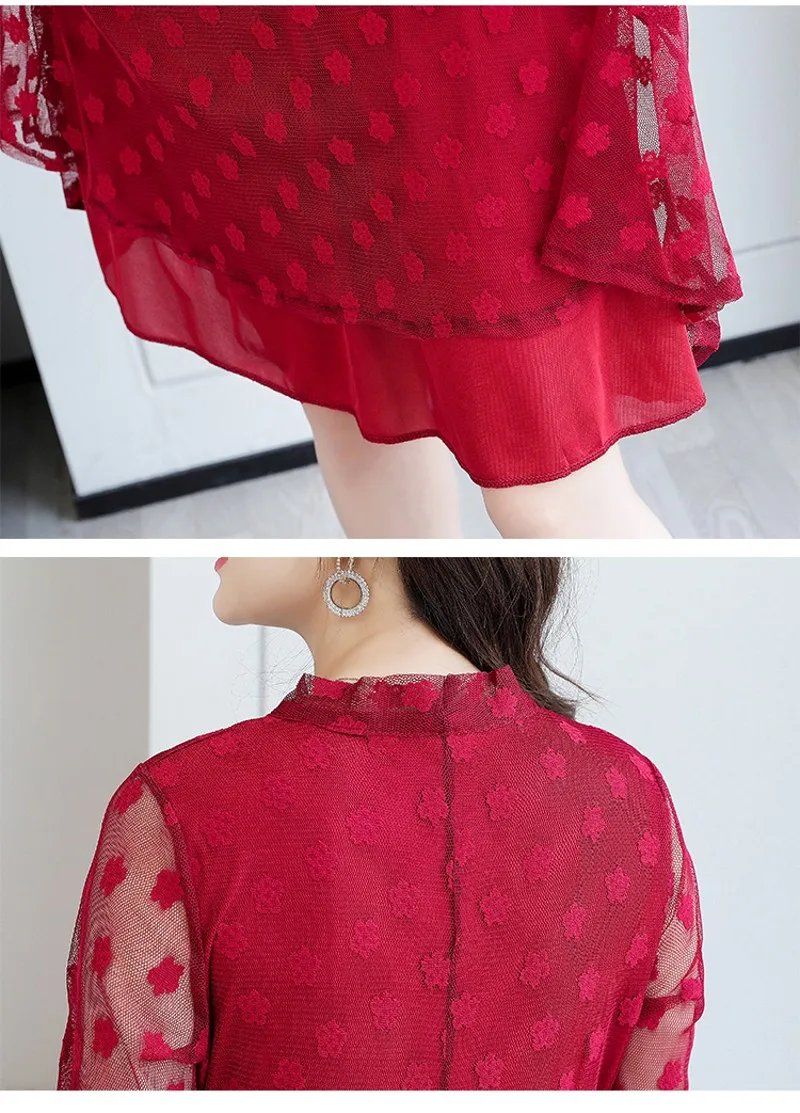 

2021 Spring Dress Elegant women A-Line Vestidos Solid long Sleeve Ladies Mesh dress Plus Size