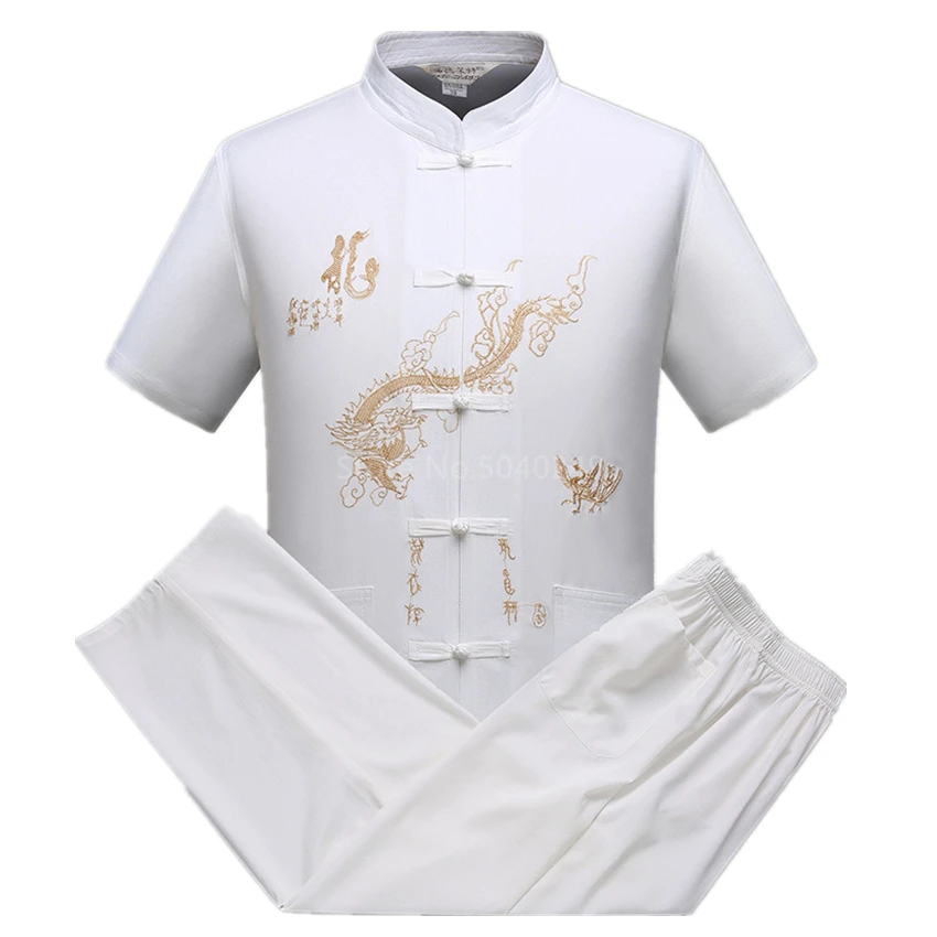 

Tang Suit Traditional Chinese Clothing for Men Kung Fu Uniform Dragon Embroidery Short Sleeve Collar Shirts China Style Hanfu