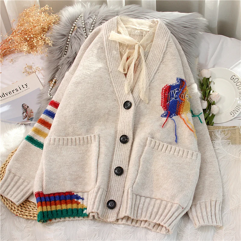 

EBAIHUI Women Oversized Sweater Cardigan Loose Autumn Winter Rainbow Striped Cardigans Button Up Harajuku Vintage Sweaters Coat