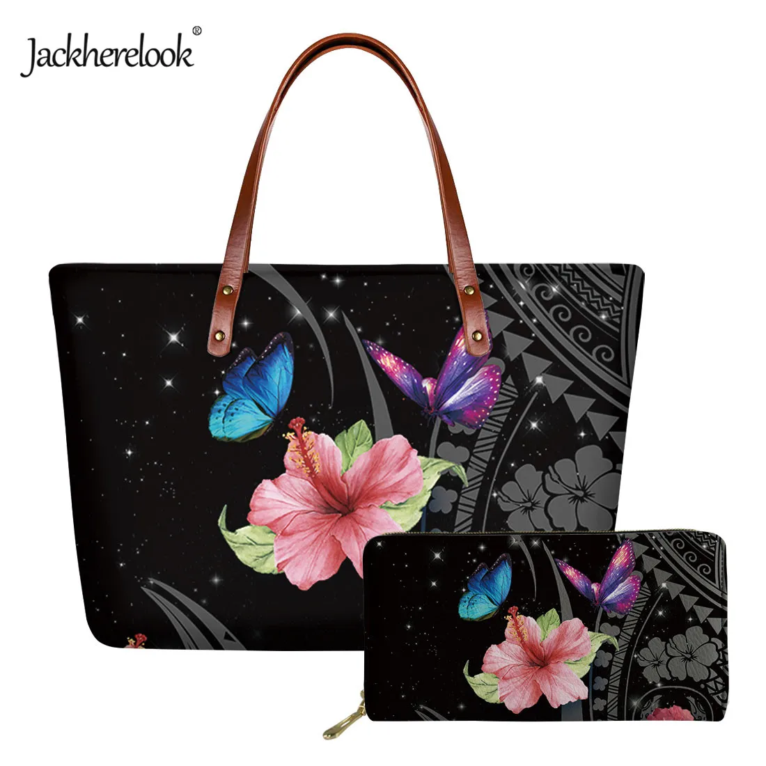 

Jackherelook Hibiscus Butterfly Polynesian Pattern Women's Tote Shoulder Bag Wallet 2pcs/Set Female Casual Handle Bag Coin Purse