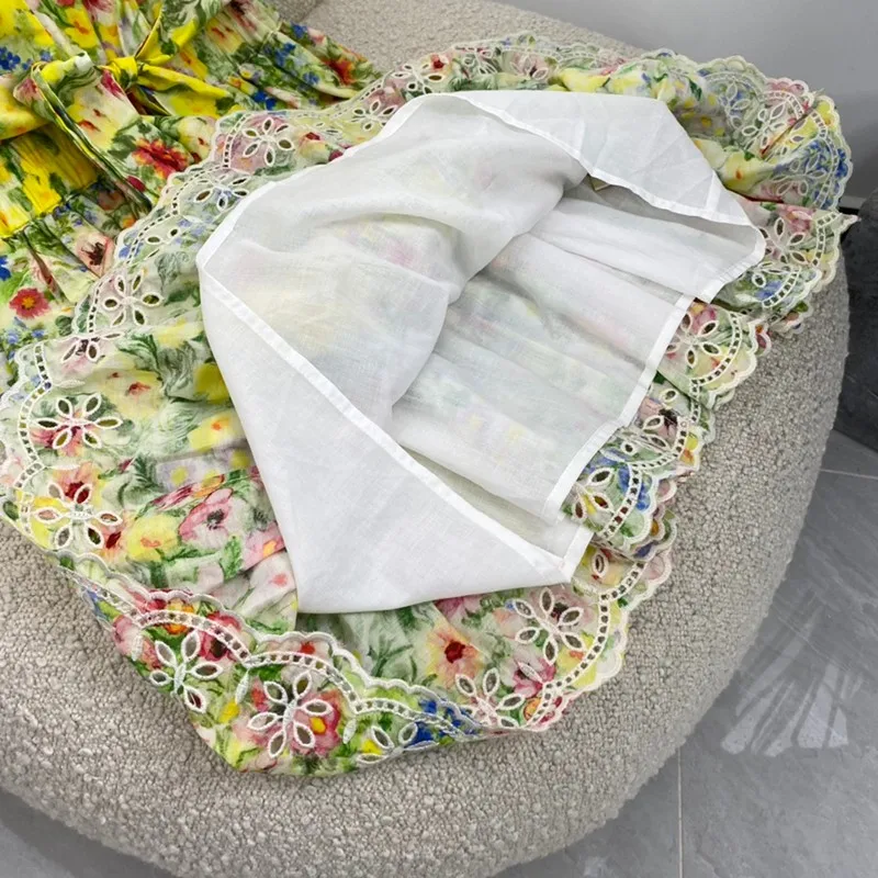 

2021 New Summer Women Fashion High Quality Yellow Wide Floral Print V-neck Short Sleeve Tiered Mini Dresses