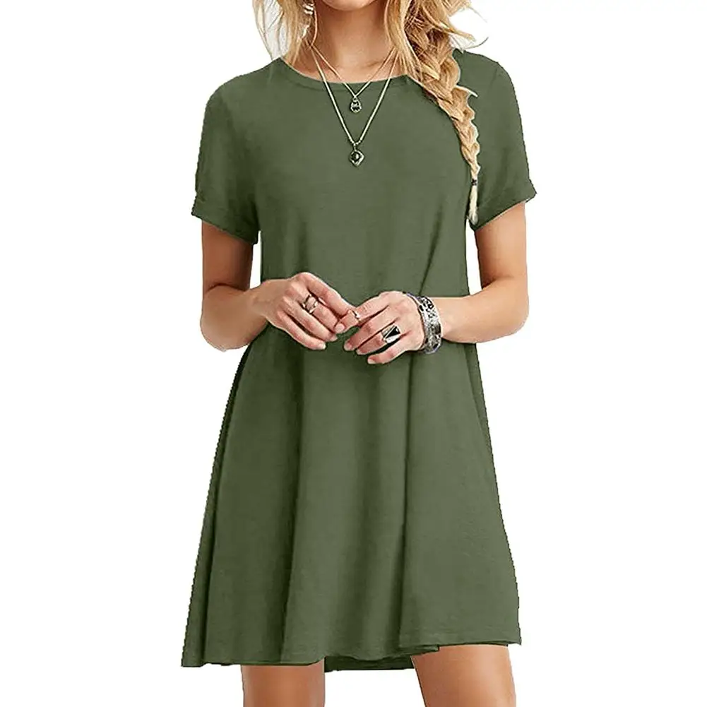 Платье-футболка женское однотонное с коротким рукавом и круглым вырезом |