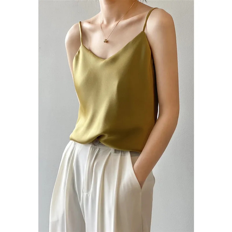 

Real Shot Satin V-Neck Small Sling Female 2021 Summer New Korean Style Temperament Drape With Sleeveless Vest
